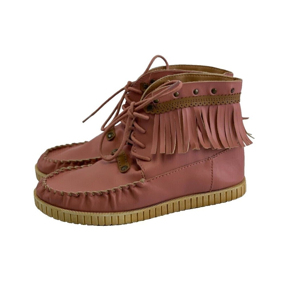 Code West Crae Crae Moccasin Booties Ankle Boots Lace Up Fringe‎ Pink Womens 6.5